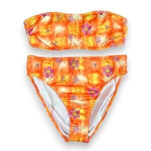 Vintage deadstock orange and pink tube top bikini set